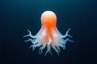 Luminous orange and blue jellyfish floating gracefully against dark background, tentacles flowing with ethereal translucent glow creating mysterious underwater atmosphere.