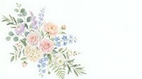Soft watercolor floral bouquet with pastel roses, peonies, lavender, and eucalyptus on white background, perfect for wedding stationery.