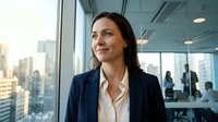 Middle-aged woman with dark hair and Mediterranean ethnicity wearing navy blazer and white blouse in modern high-rise office with city skyline view, suitable for corporate, business, and professional themes.