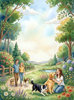 Family enjoying peaceful countryside walk with dogs in lush green landscape. Parents and child relaxing outdoors surrounded by blooming flowers and trees.