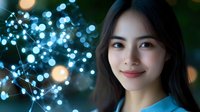 Young Asian woman smiling with glowing blue lights and bokeh background creating magical atmosphere for holiday celebrations and festive occasions.