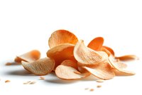 Peeled mandarin orange segments scattered on white surface, fresh citrus fruit pieces showing juicy flesh and natural texture. Clean food photography.