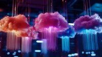 Glowing cotton candy clouds with luminous light strings creating magical atmosphere in dark space, neon colors orange pink and blue for modern interior design.