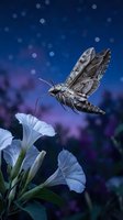 Sphinx moth hovering over white morning glory flowers against dreamy blue bokeh background with magical light effects for nature and garden designs.