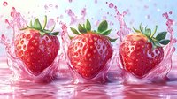 Fresh ripe strawberries splashing in pink juice creating dynamic motion effect against light background, juicy fruit concept for healthy eating design.