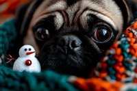 Adorable pug dog wearing cozy winter sweater with small snowman toy, perfect for holiday greeting cards and seasonal pet photography campaigns.