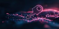 Glowing digital key icon floating over abstract particle background with pink and blue bokeh lights, representing cybersecurity and digital access control.