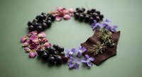 Elegant floral wreath with dark berries, purple and pink flowers, and golden twigs arranged in circle on green background for spring decoration.