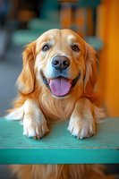 Smiling Golden Retriever dog with bright blue eyes resting paws on turquoise surface against orange background, showing happy expression with tongue out.