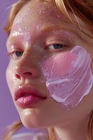 Young woman with glowing skin and pink cream mask on cheek against purple background. Close-up beauty portrait highlighting skincare and cosmetic application.