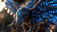 Sparkling blue elephant sculpture with intricate beadwork and ornate decorations creates magical fantasy art piece for luxury decor and mystical themes.