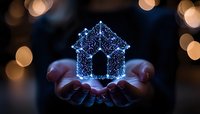 Glowing digital house hologram floating above cupped hands with bokeh lights background representing real estate technology and smart home concepts.