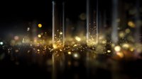 Glass test tubes with golden glowing particles and bokeh effect on dark background, creating magical scientific atmosphere for laboratory research concept.