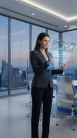 Businesswoman in formal attire holding transparent digital tablet with data analytics in modern high-rise office overlooking cityscape at sunset, suitable for corporate and technology concepts.