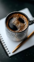 Fresh black coffee with foam in speckled ceramic mug on open notebook with pencil, morning beverage break concept for office and study environments.