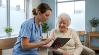 Young female healthcare worker in blue scrubs with stethoscope showing tablet to smiling elderly Caucasian woman patient in bright medical office setting.