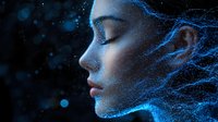 Profile of young Caucasian woman with closed eyes surrounded by glowing blue digital network patterns against dark background, representing artificial intelligence concept.