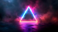 Glowing neon triangle floating over reflective water surface against dramatic purple and blue stormy clouds, creating futuristic cyberpunk atmosphere.