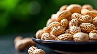 Fresh whole peanuts in shells on dark plate against blurred green background, selective focus on textured nutshells creates appetizing food composition.