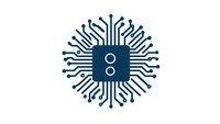 Minimalist circular microchip design with radiating circuit paths in navy blue on white background, isolated for technology and AI concept applications.