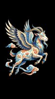 Ornate winged goat with decorative blue, gold, and orange patterns isolated on transparent background. Ready for t-shirts, stickers, clipart, and print-on-demand designs.