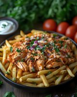 Grilled chicken breast with caramelized onions served over golden french fries, garnished with fresh herbs and accompanied by creamy dip sauce.