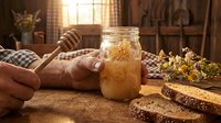 Beekeeper holding wooden dipper over jar of golden honey with honeycomb and dried flowers on rustic wooden table in warm cottage interior.