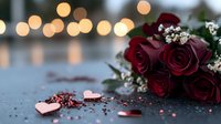 Deep red roses bouquet with scattered rose gold confetti and warm bokeh lights creating romantic atmosphere for wedding or Valentine's Day celebration.