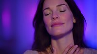 Woman with closed eyes enjoying sensory experience in purple and blue neon lighting, hand gently touching neck in moment of relaxation or pleasure.