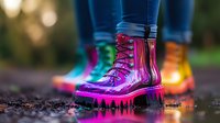 Vibrant metallic pink rain boots with reflective puddle creating rainbow effect outdoors. Fashion forward rubber footwear stands out against natural background in autumn.