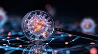 Magnifying glass examining glowing virus cell structure on dark background with network connections and reflective surface. Scientific research concept.