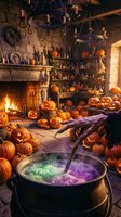 Witch's cauldron with glowing potion surrounded by carved jack-o'-lanterns in mystical stone cottage interior with fireplace, shelves, and hanging decorations for Halloween celebrations.