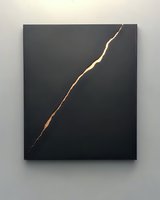 Minimalist abstract composition featuring a single curved golden line on dark charcoal canvas, suitable for contemporary interior design and modern art projects.