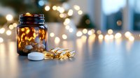 Glowing glass jar with scattered pills and supplements on wooden surface against blurred fairy lights background creating cozy ambient atmosphere.
