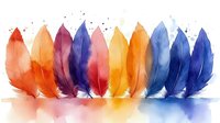 Colorful watercolor feathers arranged in rainbow order with reflection, featuring soft gradient transitions from warm orange and red to cool blue tones.