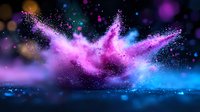 Vibrant explosion of pink and blue powder against dark background with glowing particles and bokeh lights creating magical atmospheric effect.