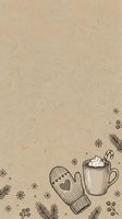 Cozy winter scene with knitted mitten, hot beverage in mug, evergreen branches, and snowflakes on kraft paper background. Seasonal holiday design for greeting cards, invitations, and festive projects.
