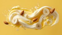 Creamy banana almond milk splash with fresh fruit slices and nuts on yellow background for smoothie advertising and healthy beverage marketing campaigns.