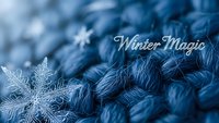 Blue knitted wool texture with delicate snowflakes and winter magic text overlay for seasonal holiday designs and cozy winter themes.