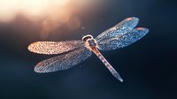 Delicate dragonfly with translucent wings illuminated by warm sunset light against dark blue background, creating magical nature macro photography effect.