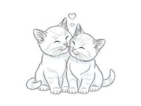 Two adorable kittens nuzzling affectionately with heart symbol above, black line art on white background isolated for design projects and crafts.