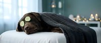 Relaxed chocolate labrador retriever dog enjoying spa treatment with cucumber slices on eyes and towel, lying on massage table in wellness center.