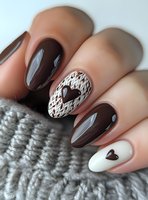 Stylish winter manicure featuring dark brown and white nails with knitted sweater pattern and heart designs against cozy gray knit background.