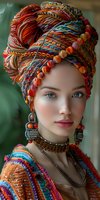 Young woman wearing colorful ethnic turban headwrap with ornate earrings and traditional jewelry against green background.