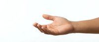 Open hand gesture showing palm up in receiving position isolated on white background for presentation and design projects.