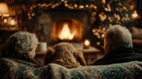 Senior couple with dog relaxing by fireplace in cozy living room with warm lighting and festive decorations creating peaceful holiday atmosphere.