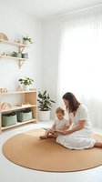 Mother and toddler reading book together in bright minimalist nursery with wooden shelves, plants and natural light streaming through window.