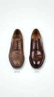 Brown leather dress shoes before and after restoration showing dramatic transformation from worn to polished condition for shoe care services.