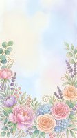 Soft watercolor floral border with pastel roses, peonies, lavender, and hydrangeas on a dreamy gradient background for cards and invitations.
