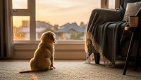 Golden retriever puppy sitting by window watching sunset in cozy living room with armchair and throw blanket creating warm peaceful home atmosphere.